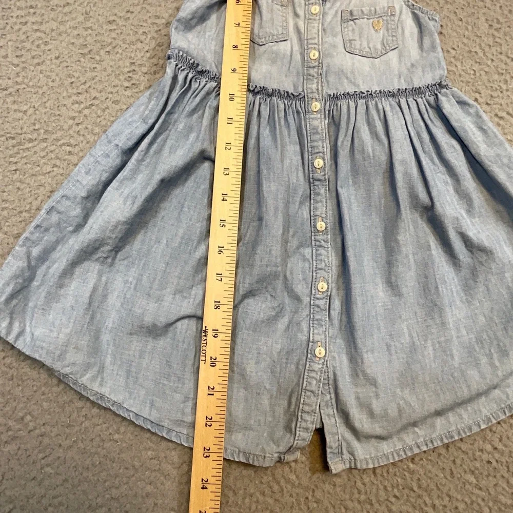 OshKosh Chambray Dress Kids 4/5 Blue Good Button Front Ruffle Heart Pocket